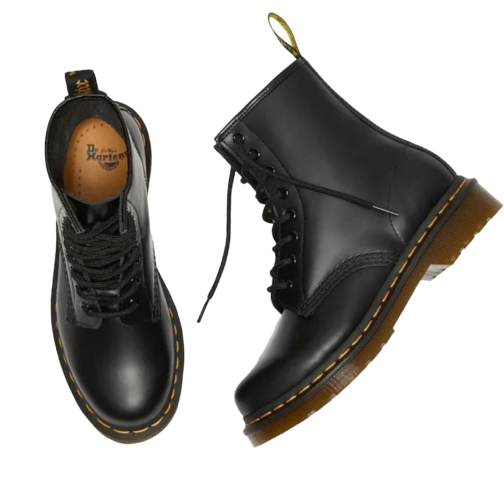 Dr. Martens Black Leather Combat Boots with Yellow Stitching